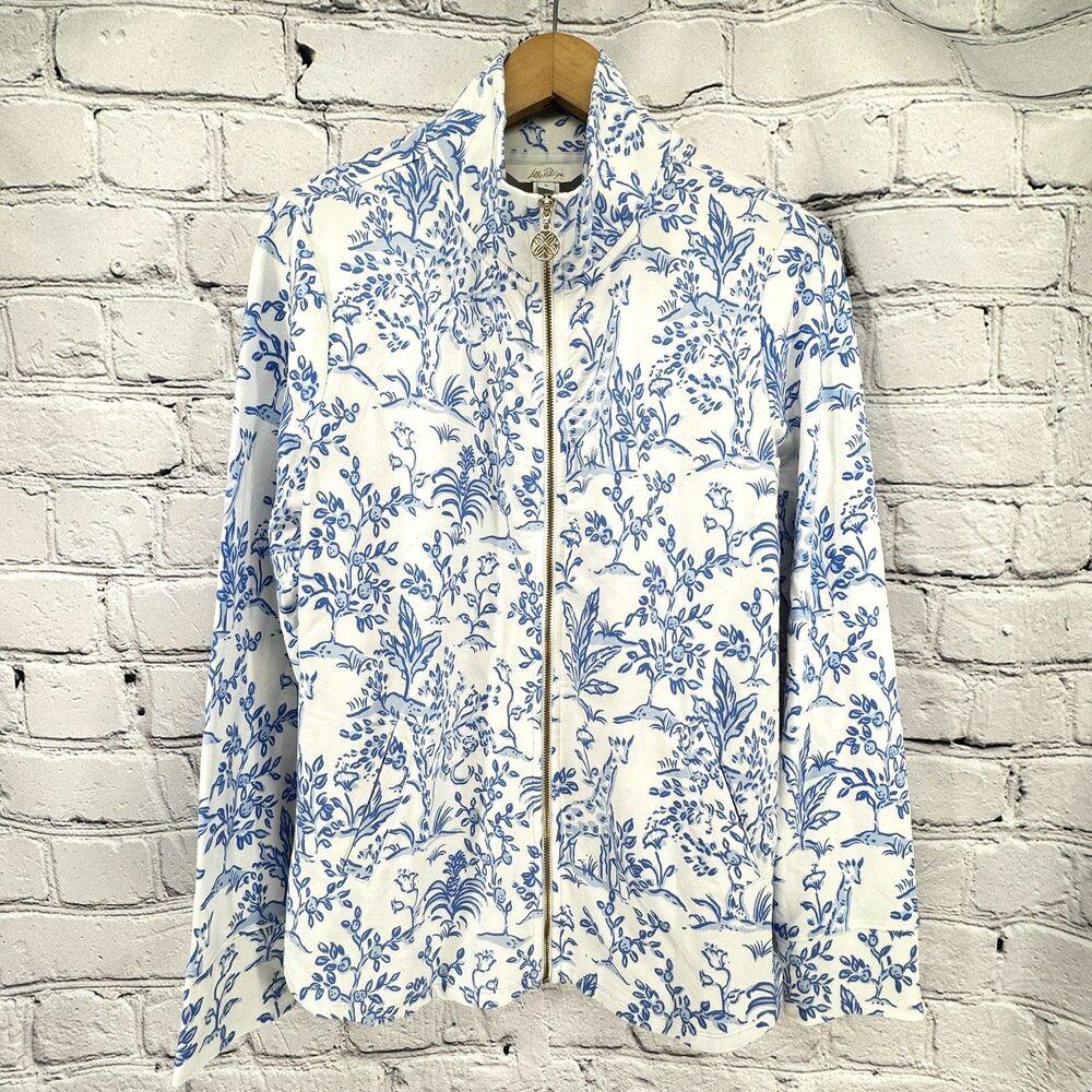 Lilly Pulitzer Jacket Women's S White & Blue Leona Tall Tales Zip Up UPF50+